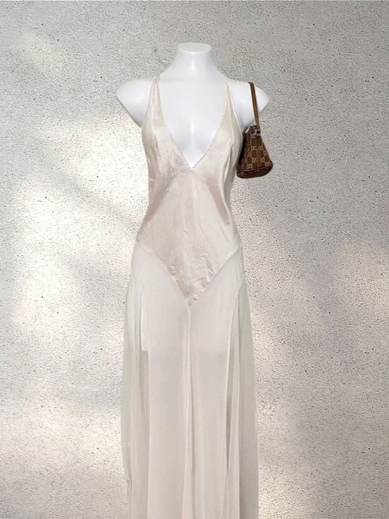 RARE VTG Victoria’s Secret 100% Silk Cream Sheer Maxi Dress - Picture 2 of 9